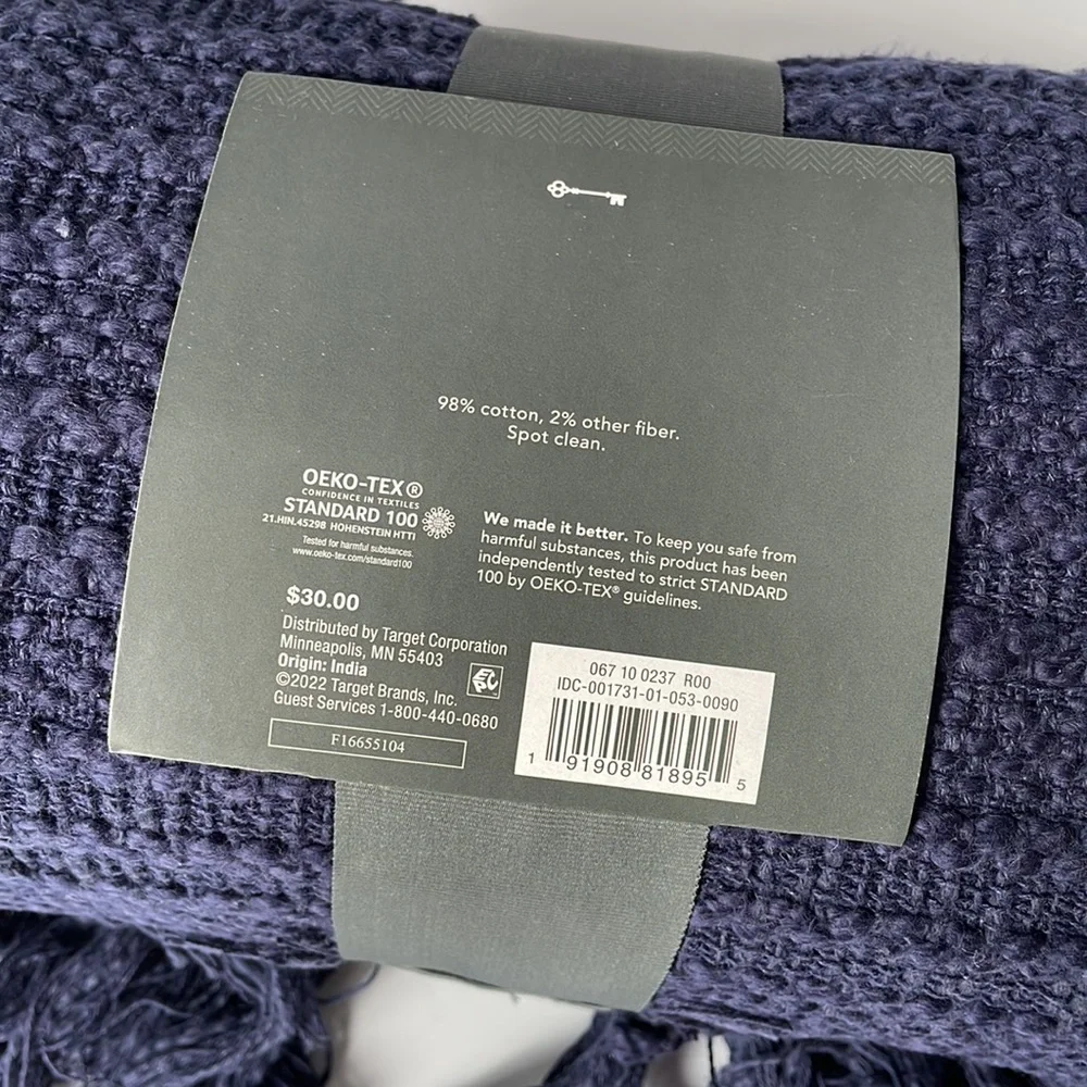 Threshold Cotton Throw Blanket Fringed Edges Navy Blue